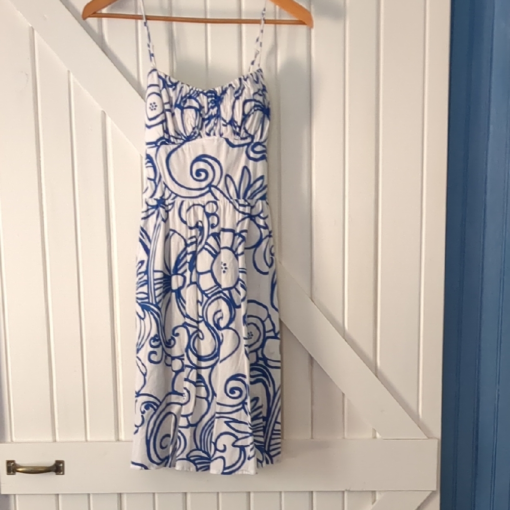 Ruby Rox White Midi Dress with Blue Floral Swirl Print